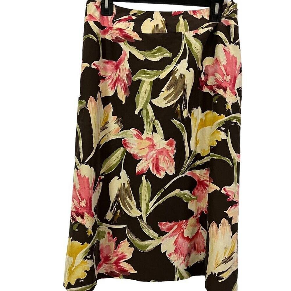 Talbots Womens Brown Floral Silk Cotton A-Line Skirt Side Zip Knee Length 12